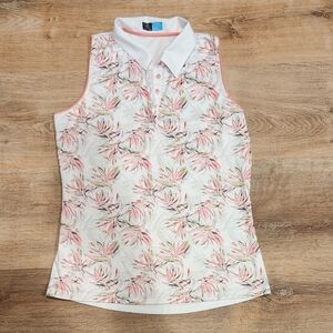 PGA Tour Sleeveless Golf Polo | Pink Tropical Floral Print | Size S